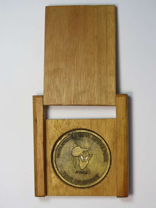 SANDF Operation Ministral Peace and Stability medallion in wooden display