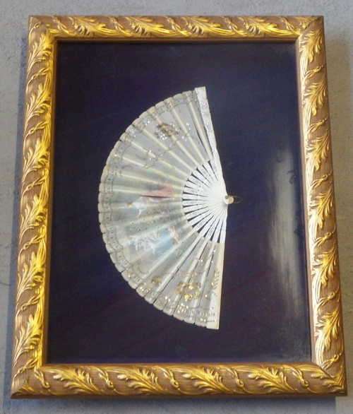 Antique hand painted silk and bone chinese fan in box frame