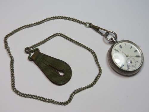 Sterling silver pocket with fob chain - Runs and stops - Needs a crown
