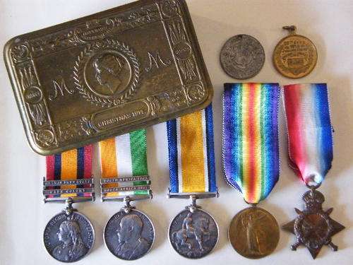 Boer War and WWI medal group from the Bain family with extra medallions and 1914 Christmas tin