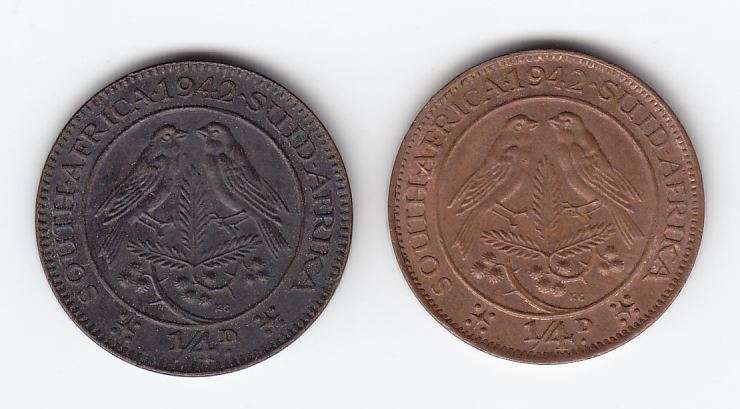 Pair of South Africa 1942 farthings, black and yellow