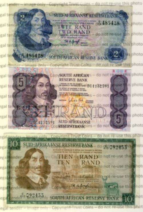 Lot of 3 old SA notes - R2, R5 & R10