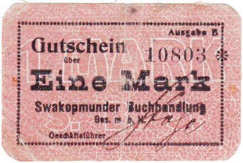 German South West Africa Swakopmunder Buchhandlung Eine Mark Banknote - as per scan