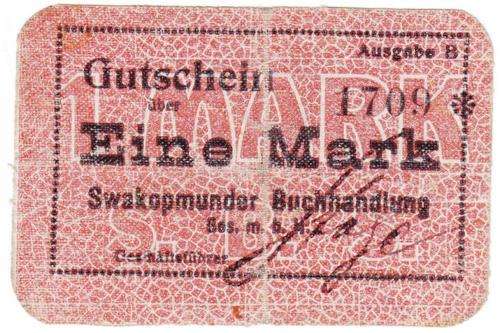 German South West Africa Swakopmunder Buchhandlung Eine Mark Banknote - as per scan