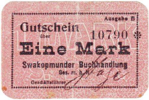 German South West Africa Swakopmunder Buchhandlung Eine Mark Banknote - as per scan