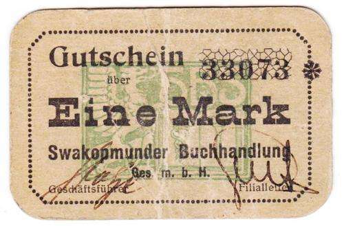 German South West Africa Swakopmunder Buchhandlung Eine Mark Banknote - as per scan