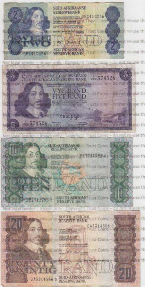 Lot of 4 Old SA Banknotes - R2, R5, R10 & R20 - as per scan