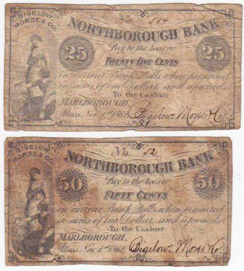 1962 USA Bigelow, Morse & Co. Northborough Bank 25 cent & 50 cent Banknotes - as per photo