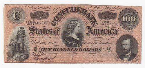 1864 Confederate States of America 100 Dollar Banknote - No. 40716 - as per scan