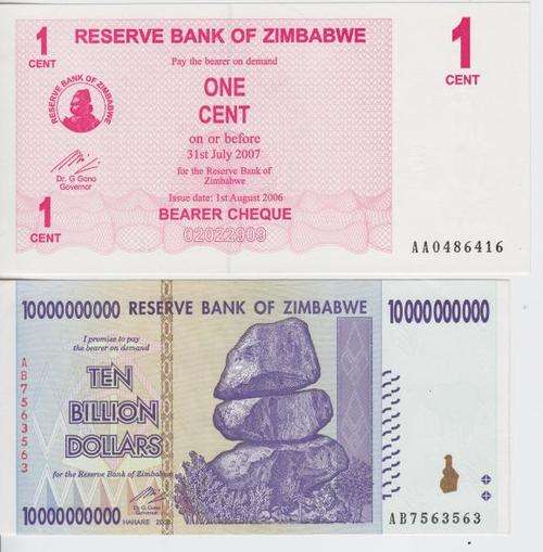 Zimbabwe Pair of uncirculated banknotes - One cent & Ten Billion dollars - WOW! as per scan