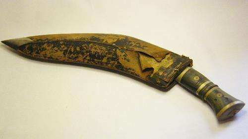 Vintage Gurkha Kukri knife with bone & brass handle - leather clad wood scabbard - as per photo