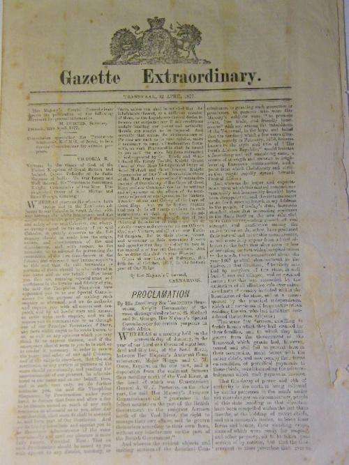 Extraordinary Gazette for the annexation of Transvaal as a British Colony - 12 April 1877 - original