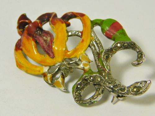 Vintage marcasite & enamel flower brooch - 2 stones missing - as per photo