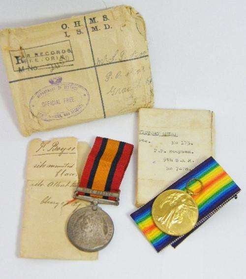 Boer war QSA issued to Guide P Booysen Intelligence Dept. plus WW1 Victory medal to Pte. FP Booysen