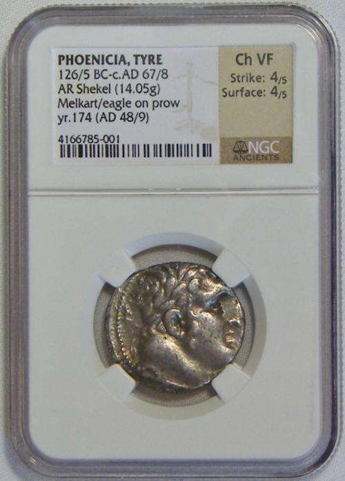 Phoenicia Tyre 126/5 BC - C AD 67 / 8 AR Shekel (14.05g) melkart / eagle on prow Yr.174 (AD 48/9)