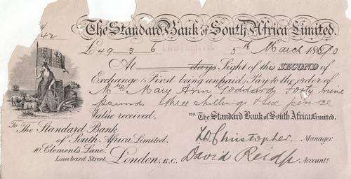 Standard Bank of South Africa 1890 cheque to Mary Ann Goddard - damaged - as per photo