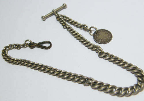 Antique silver pocket watch fob chain with 1887 British tickey - weighs 28g - no hallmarks