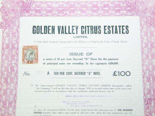Share certificate no. 2488  of Golden Valley Citrus Estates Ltd - 1927 with 5s revenue -as per scan