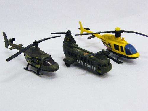 Lot of 3 toy helicopter models - one is missing rotor blades - as per photo