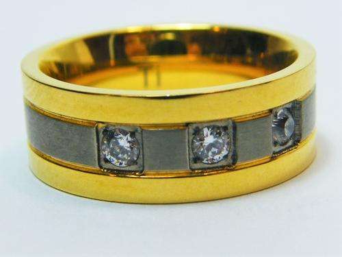 Mens Titanium gold & silver colored ring with 3 stones - size P - as per photo