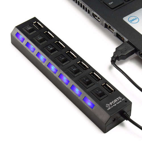 7 Ports USB 2. 0 Hub- High Speed USB Hub - Black
