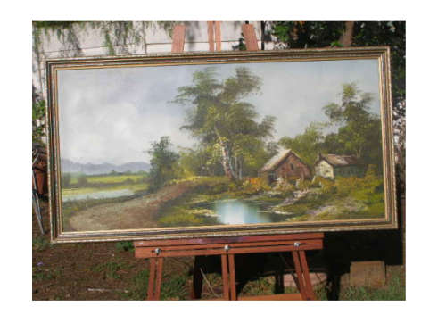 COUNTRY COTTAGE AND DAMN SCENERY OIL PAINTING*690MM HEIGHT & 1295 WIDTH