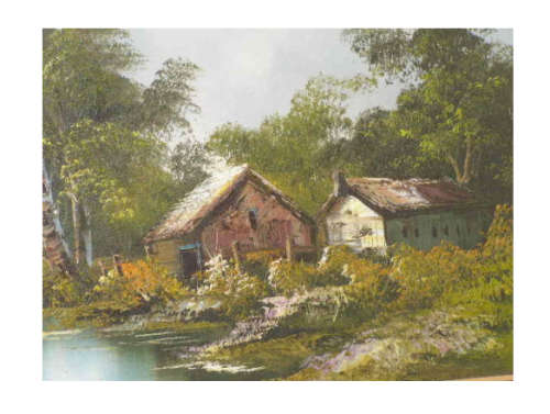 COUNTRY COTTAGE AND DAMN SCENERY OIL PAINTING*690MM HEIGHT & 1295 WIDTH