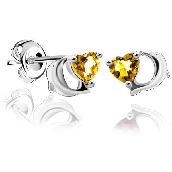 Citrine dolphin Stud Earrings 925 Silver