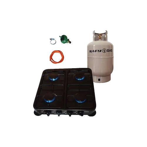 Black 4 Plate Gas Stove with Fittings & Gas Cylinder - 9kg
