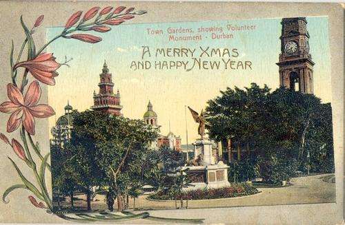 Hand-tinted post card - Town Gardens showing Volunteer Monument, Durban