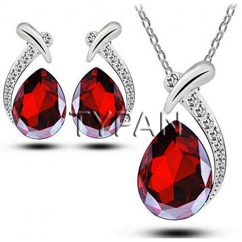 Austrian crystal waterdrop necklace and earrings jewellery set (red) with box