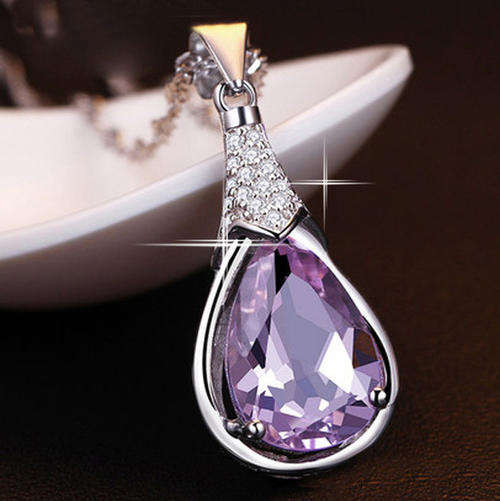 Simulated Amethyst Platinum Plated Purple Waterdrop Pendant Necklace