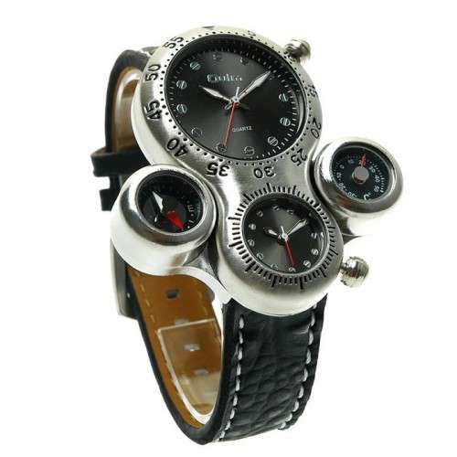 Russian Military quartz dual time watch with leather strap, thermometer and compass