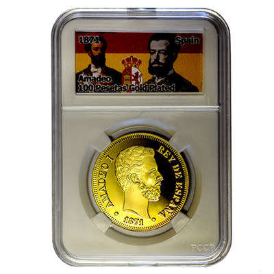 1871 Spain King Amadeo 100 pesetos gold plated in protective slab
