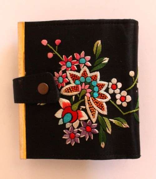 Vintage black satin wallet with embroidered flowers