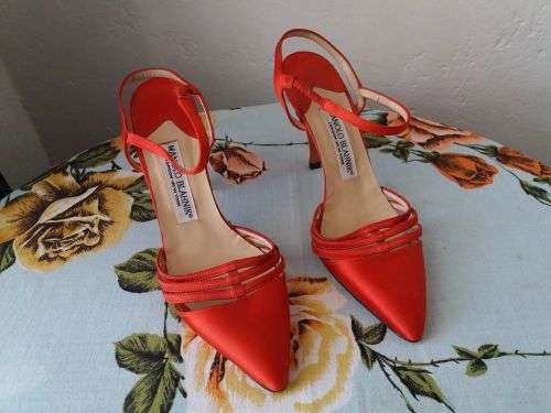 GENUINE red satin Manolo Blahnik slingbacks