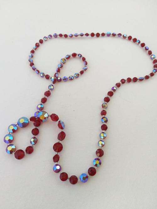 Long red Aurora Borealis bead necklace