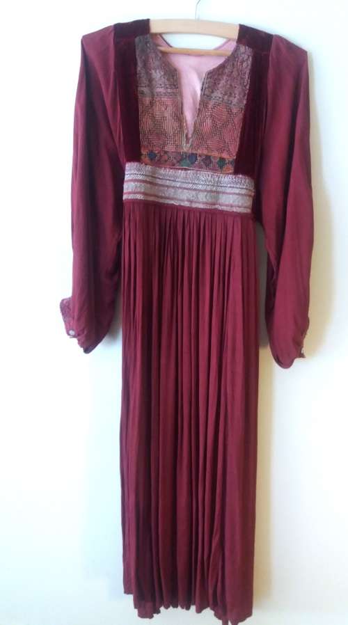 Boho maroon dress with velvet and embroidered detail