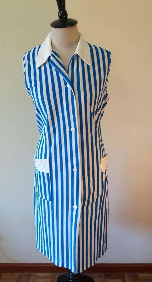 Blue and white striped towelling gown