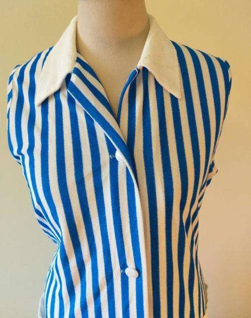 Blue and white striped towelling gown