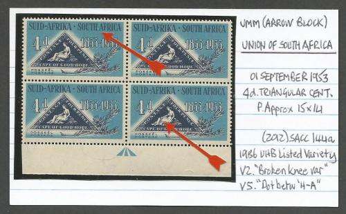 UNION OF SA 4d ARROW BLOCK UMM ON CARD WITH VARIETIES V2 and V5.  SEE DESCRIPTION