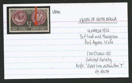 UNION OF SA 1/2d TERCENTENARY UMM ON CARD WITH VARIETY.  SEE DESCRIPTION