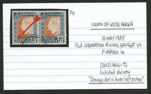 UNION OF SA 1 1/2d CORONATION PAIR FU ON CARD WITH UNLISTED VARIETY.  SEE DESCRIPTION