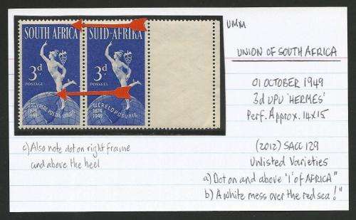UNION OF SA 3d UPU MARGINAL PAIR UMM ON CARD WITH 2 VARIETIES.  SEE DESCRIPTION