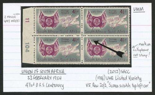 UNION OF SA 4 1/2d OFS CENT. UMM CONTROL BLOCK WITH LISTED VARIETY.  SEE DESCRIPTION