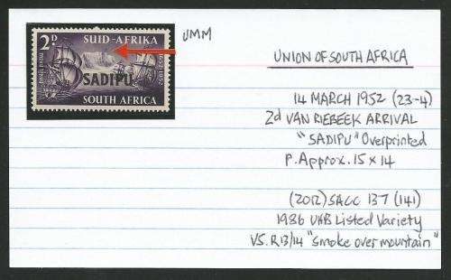 UNION OF SA 2d "SADIPU" OVERPRINT UMM WITH LISTED VARIETY V5 ON CARD.  SEE DESCRIPTION