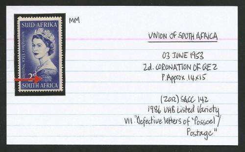 UNION OF SA 2d CORONATION MM WITH LISTED VARIETY V11 ON CARD.  SEE DESCRIPTION