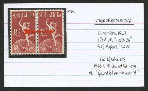 UNION OF SA 1 1/2d UPU MM WITH LISTED VARIETY V6 ON CARD.  SEE DESCRIPTION