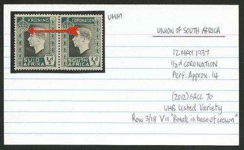 UNION OF SA 1/2d CORONATION UMM WITH LISTED VARIETY V11 ON CARD.  SEE DESCRIPTION
