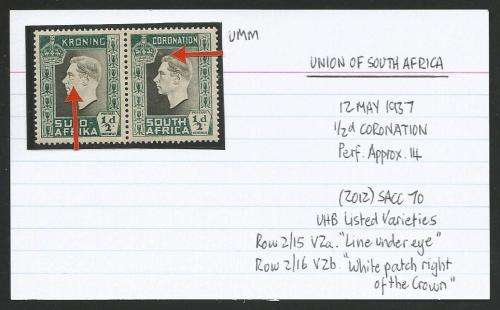 UNION OF SA 1/2d CORONATION UMM WITH 2 LISTED VARIETIES ON CARD.  SEE DESCRIPTION